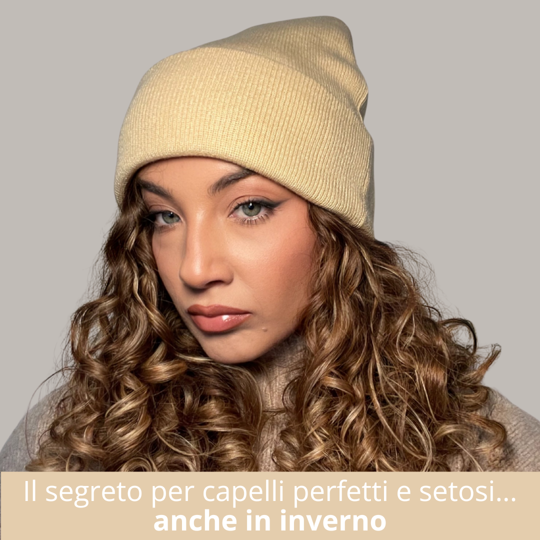 cappello invernale donna interno in seta colore sabbia per capelli ricci e setosi
