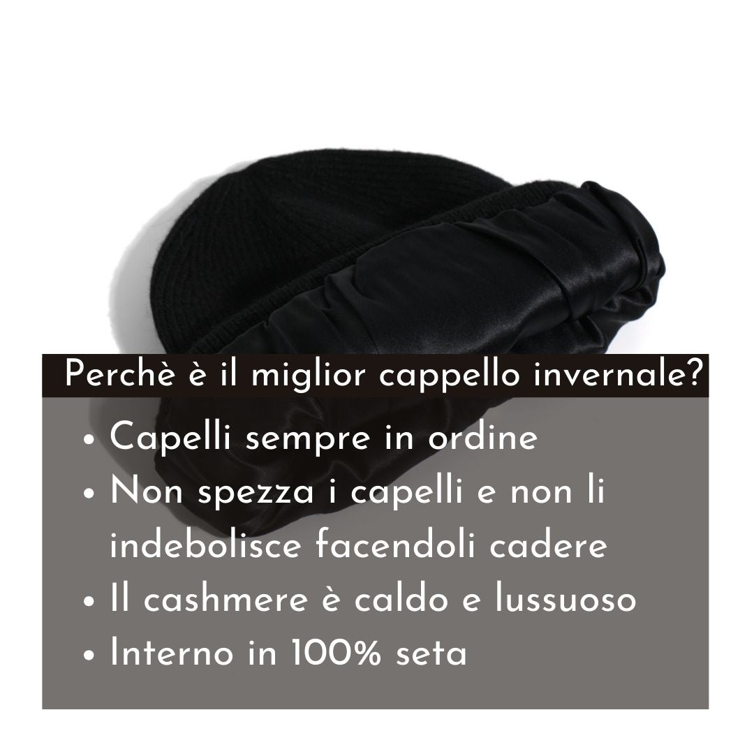 Cappello Invernale Unisex | Berretto con Interno 100% Seta Anticrespo | Nero